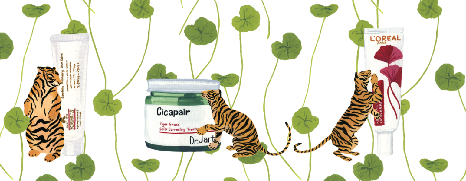 Illustration of tigers next to skin care products with tiger grass in the background
