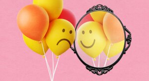 photo collage of sad balloons looking happy on black mirror