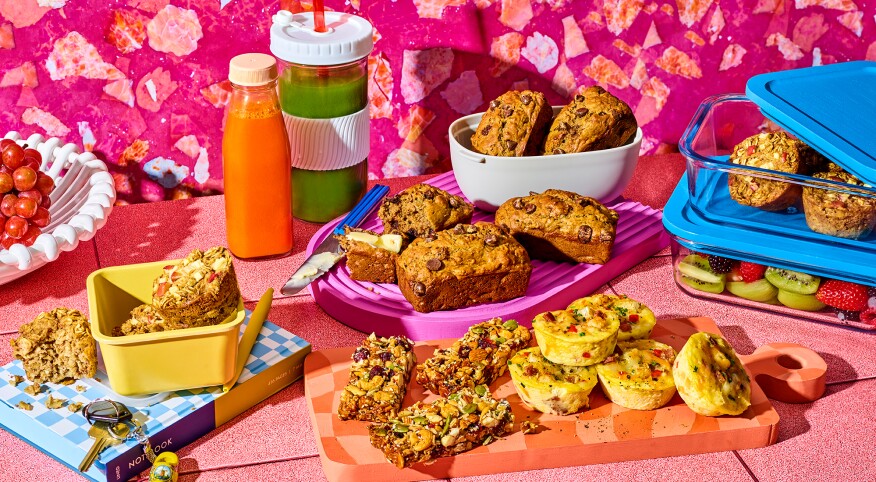  Breakfast to go styled on bright colored surface