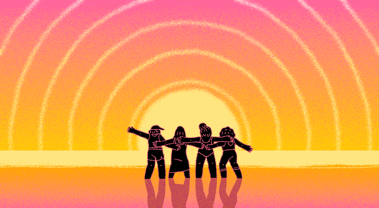 gif illustration of female friends at beach enjoying a sunset
