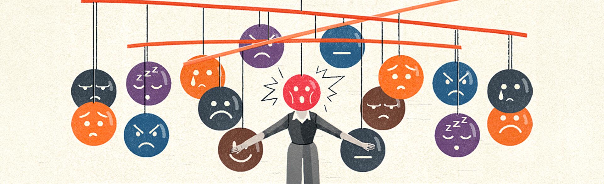 illustration of different negative emotions circling around lady because of perimenopause