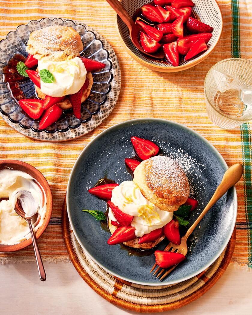 Red foods styled on a bright colored tablecloth