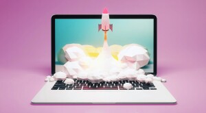 image of rocket taking off over laptop, tech tools