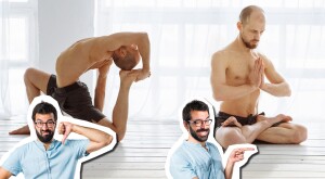 Two yoga poses, the left is a difficult pose with picture of a man putting thumbs down as a response. On the right, an easier pose with man winking with approval