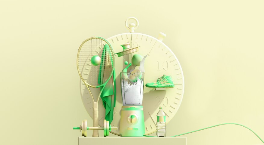 large stopwatch with healthy things in front of it like a blender tennis racket sneakers and water