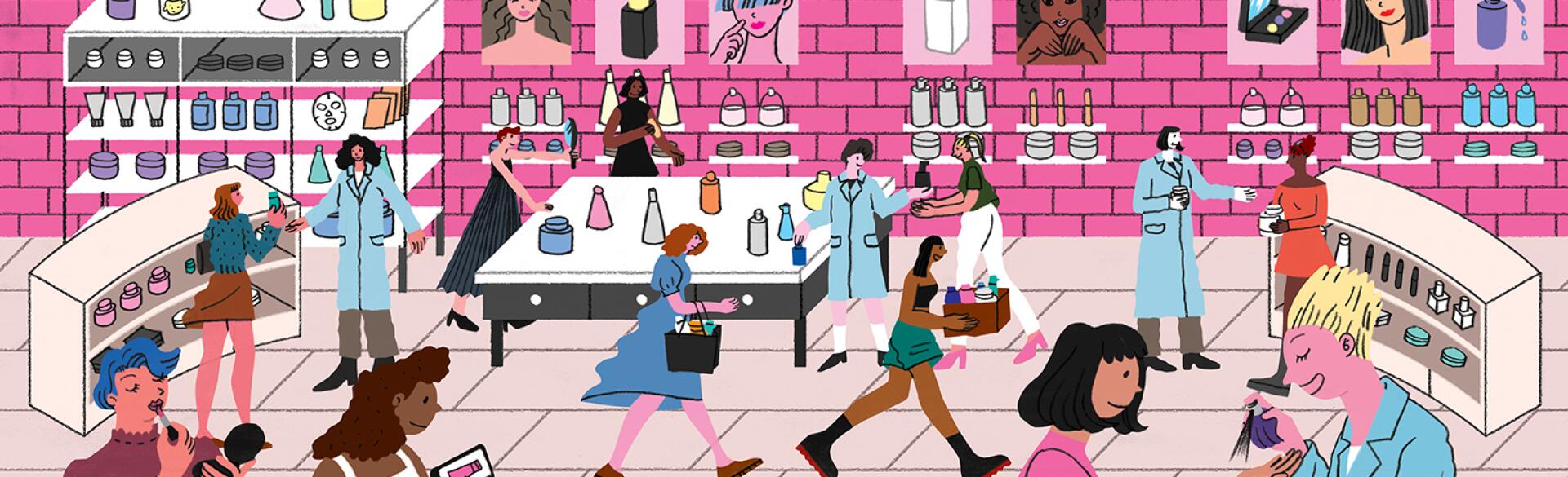 illustration of women in beauty store trying on different products