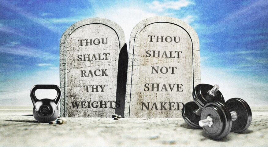 Photo compilation of tombstones and gym weights