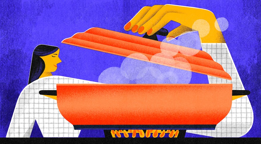 illustration of woman opening pot smelling the food