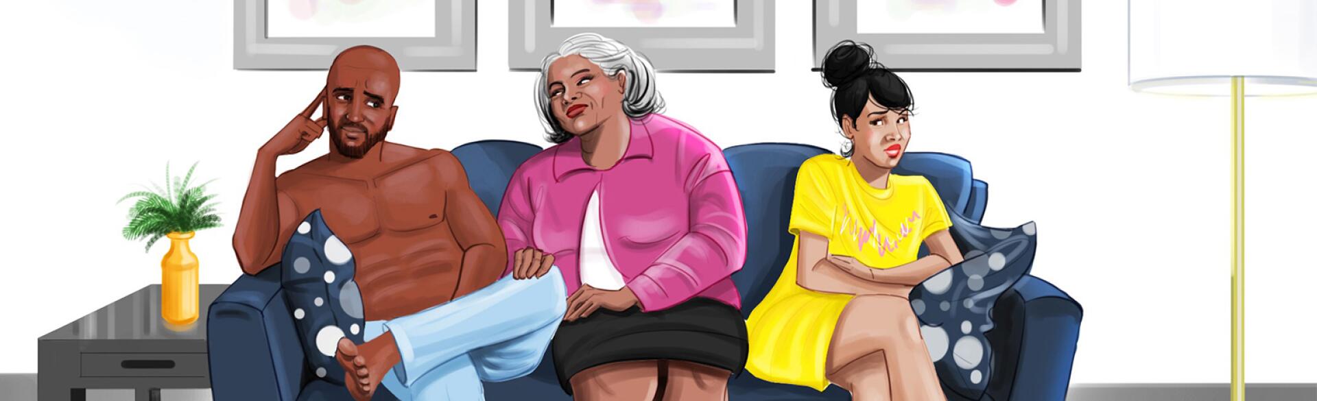A graphic of a mother sitting in between a young couple on a couch.