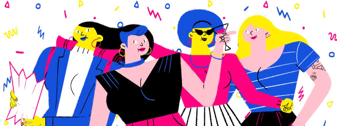 A drawing of a group of four women enjoying being out for a birthday celebration.
