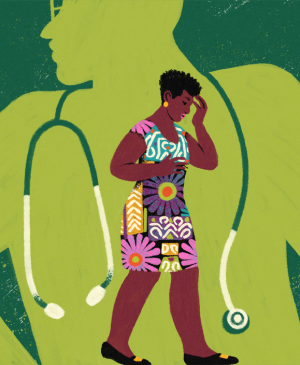 illustration of black woman looking worried standing in front of doctor silhouette