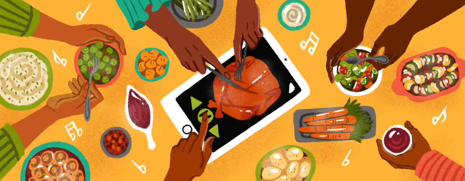 Thanksgiving meal on table with music notes symbolizing everyone listening to Thanksgiving playlist.