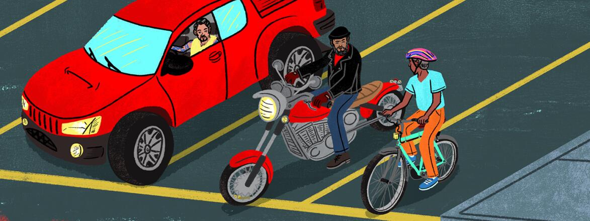 illustration of men in car and on a motorcycle and on a bike stopped at a red light