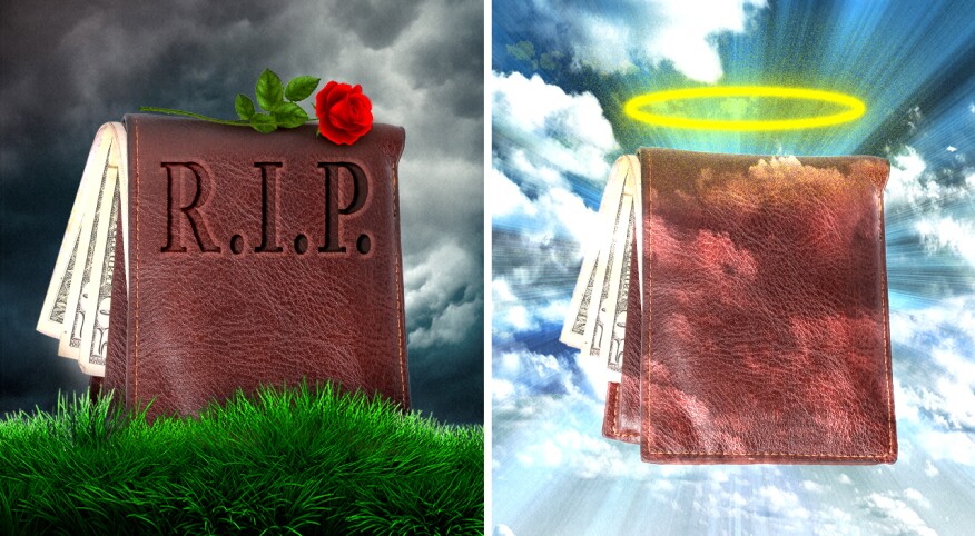 Photo composition of leather wallet with R.I.P., halo and angel wings