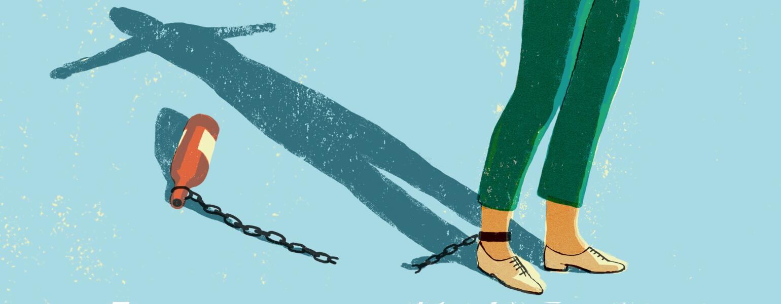An illustration of a woman with a broken chain around her ankle. The other end of the broken chain is attached to an alcohol bottle.