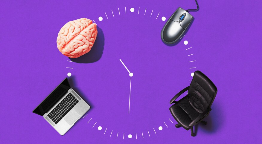 photo collage of work items and brain integrated on clock, retirement
