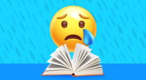 photo collage of sad crying emoji reading a book