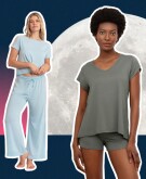 photo collage of 3 women wearing menopause-friendly sleepwear, pajamas, sleep wear