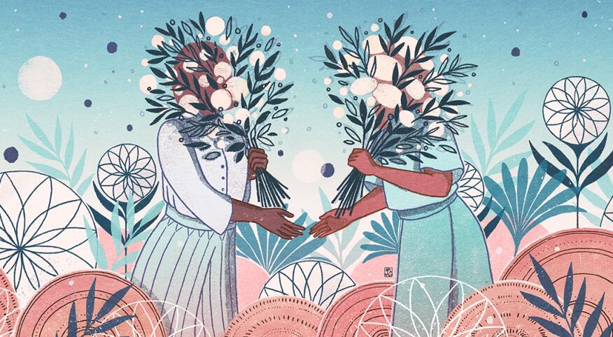 A graphic of two women about to shake hands as they meet with their faces covered by flowers.