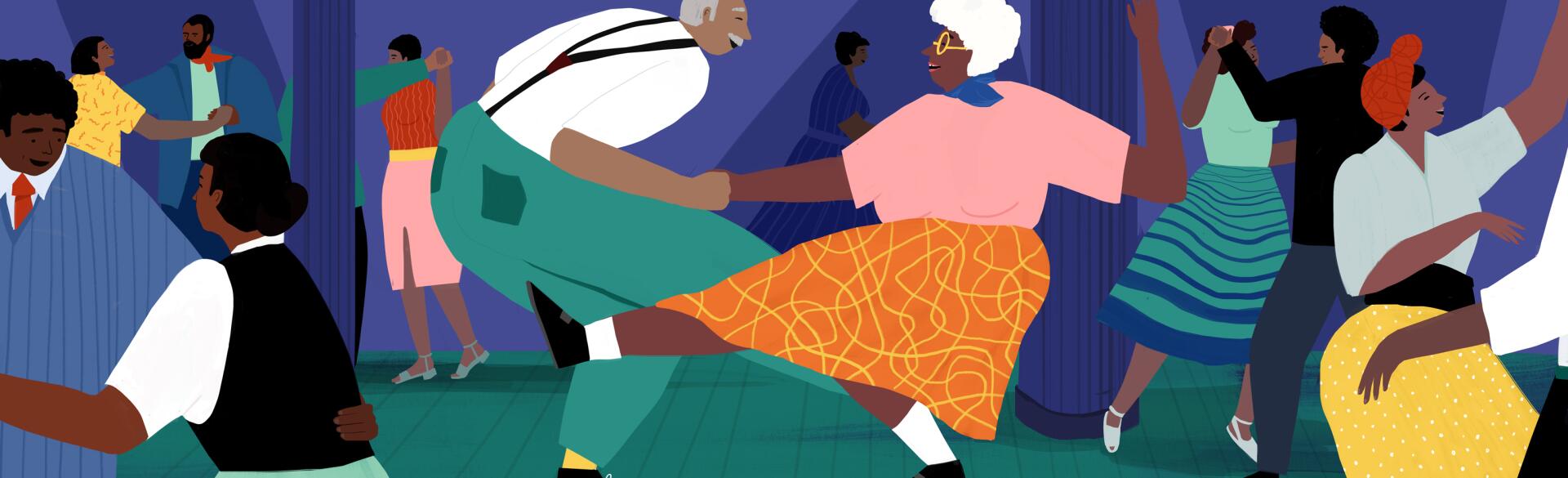 A drawing of an elderly man and woman dancing together, surrounded by younger couples.