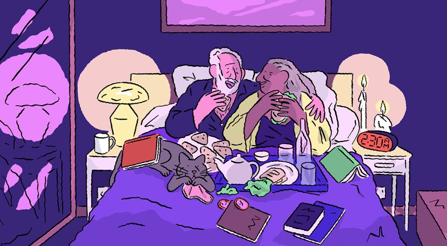 illustration of couple in bed eating food and bonding, insomnia