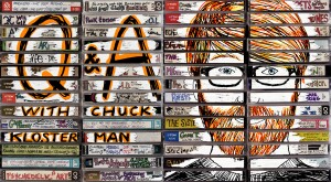 Cassette tapes with various band names with a drawing of Chuck Klosterman superimposed over the cassette spines