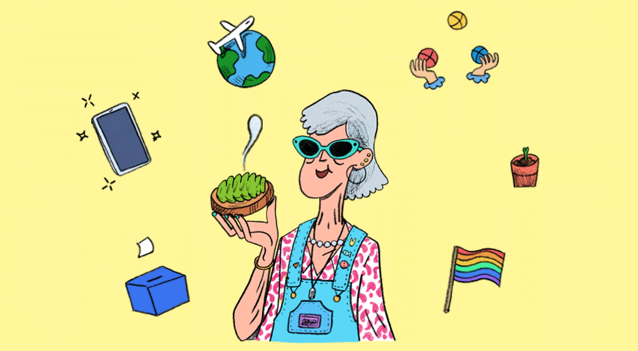 gif illustration of woman surrounded by objects related to millennials 