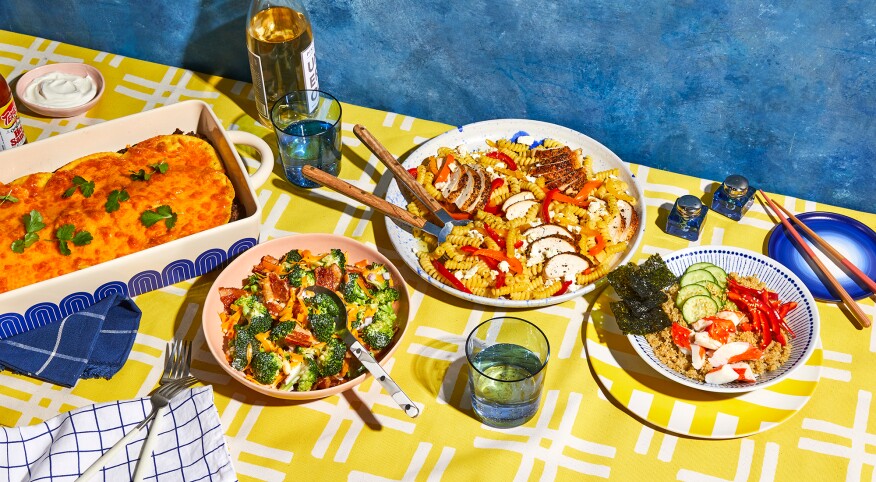 Group image of four easy spring dinners on a bright table cloth