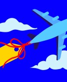 illustration of price tag attached on flying plane