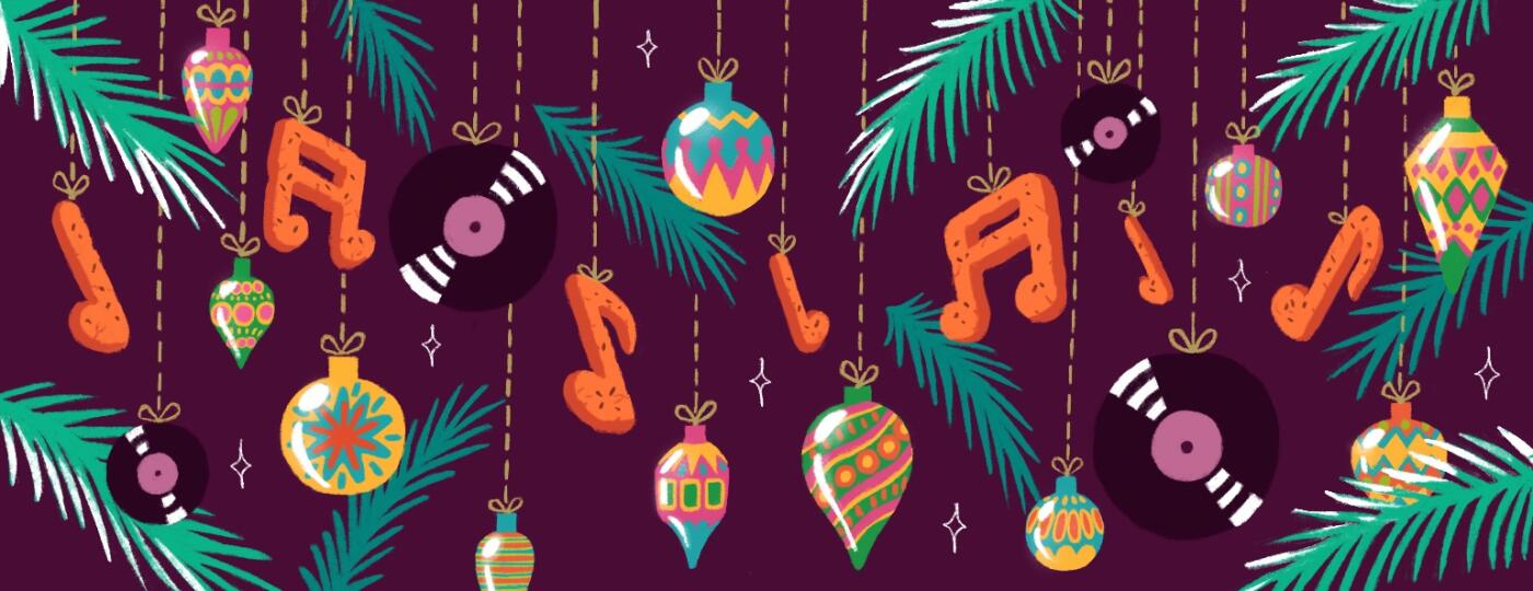 illustration of christmas ornaments and music notes spotify playlist by charlot kristensen