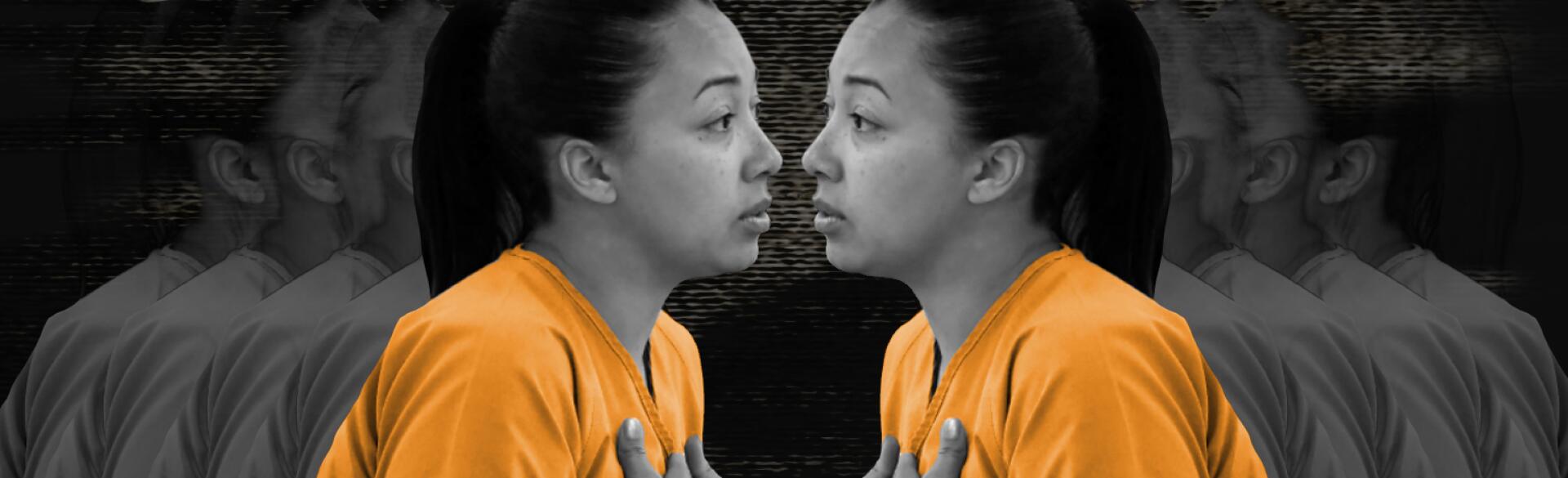 An image of Cyntoia Brown facing herself in an orange prison jumpsuit.