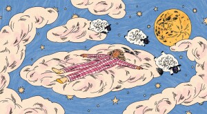 woman in pajamas, laying on cloud, sheep jumping, illustration