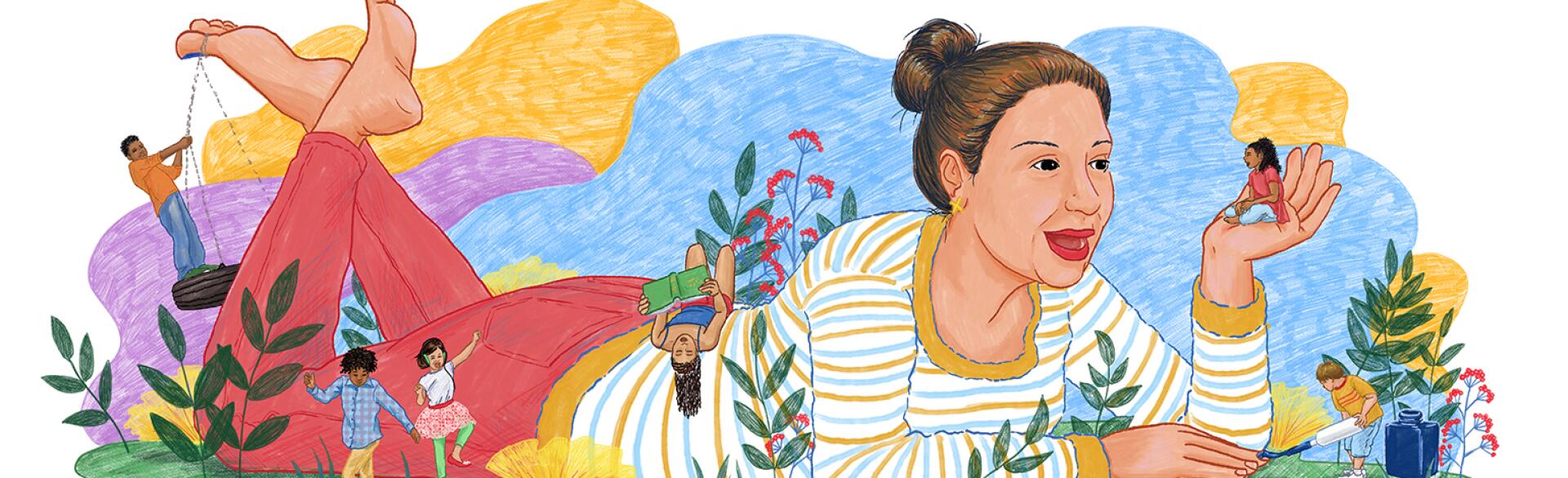 A graphic of an oversized aunt, as her nieces and nephews play around her.