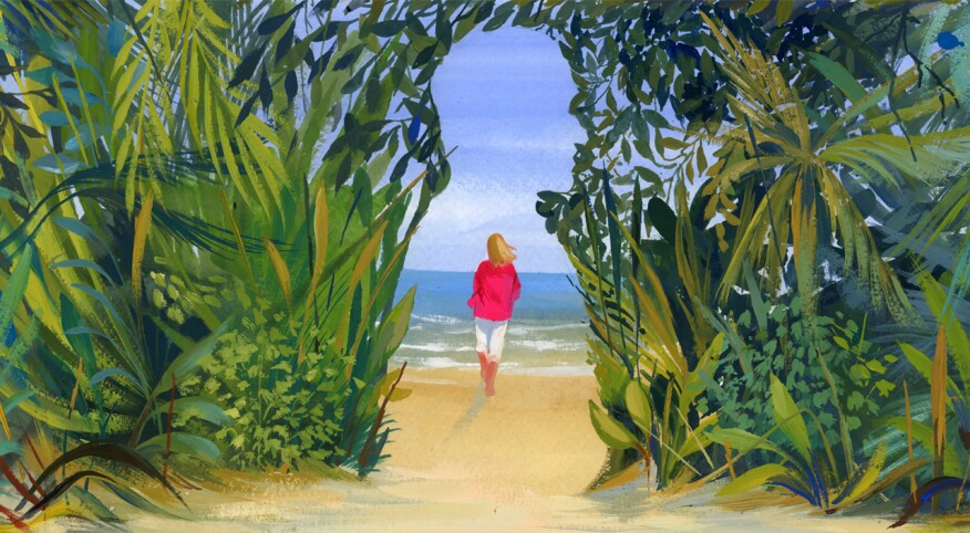 illustration of woman walking past greenery towards ocean 