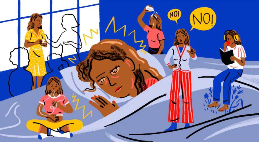 illustration of woman in different scenarios, menopause anxiety, menopause stress