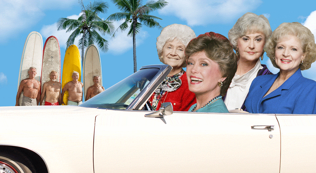 gif of golden girls driving past men in front of surf boards