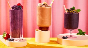 smoothie drinks styled on colorful background