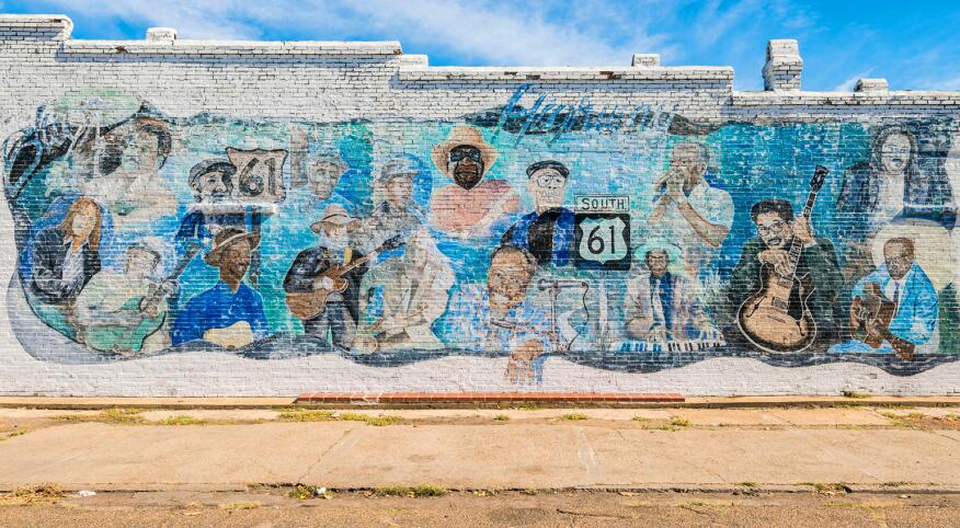 United States, Mississippi, Leland, mural about Highway 61, the Blues Highway,