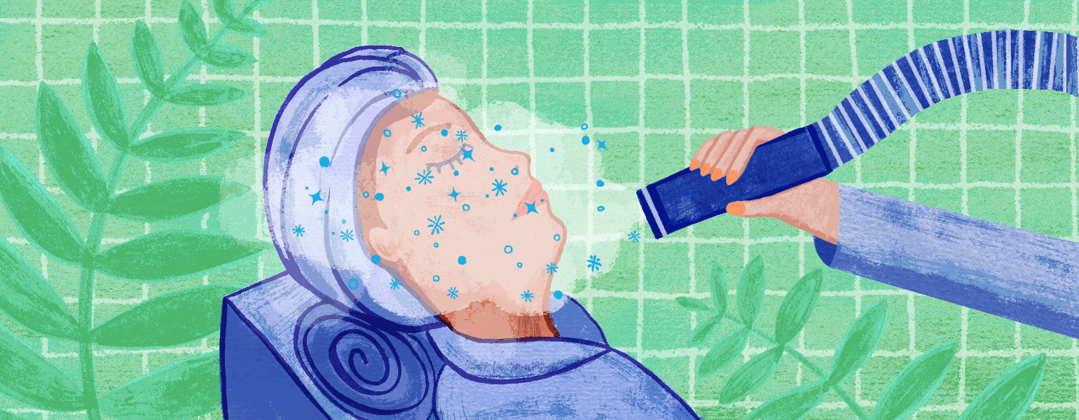 illustration of woman getting frozen cryo facial 