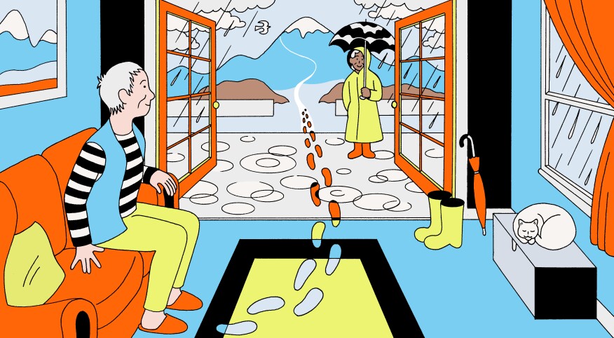 illustration of woman sitting on couch as she looks to the outside world