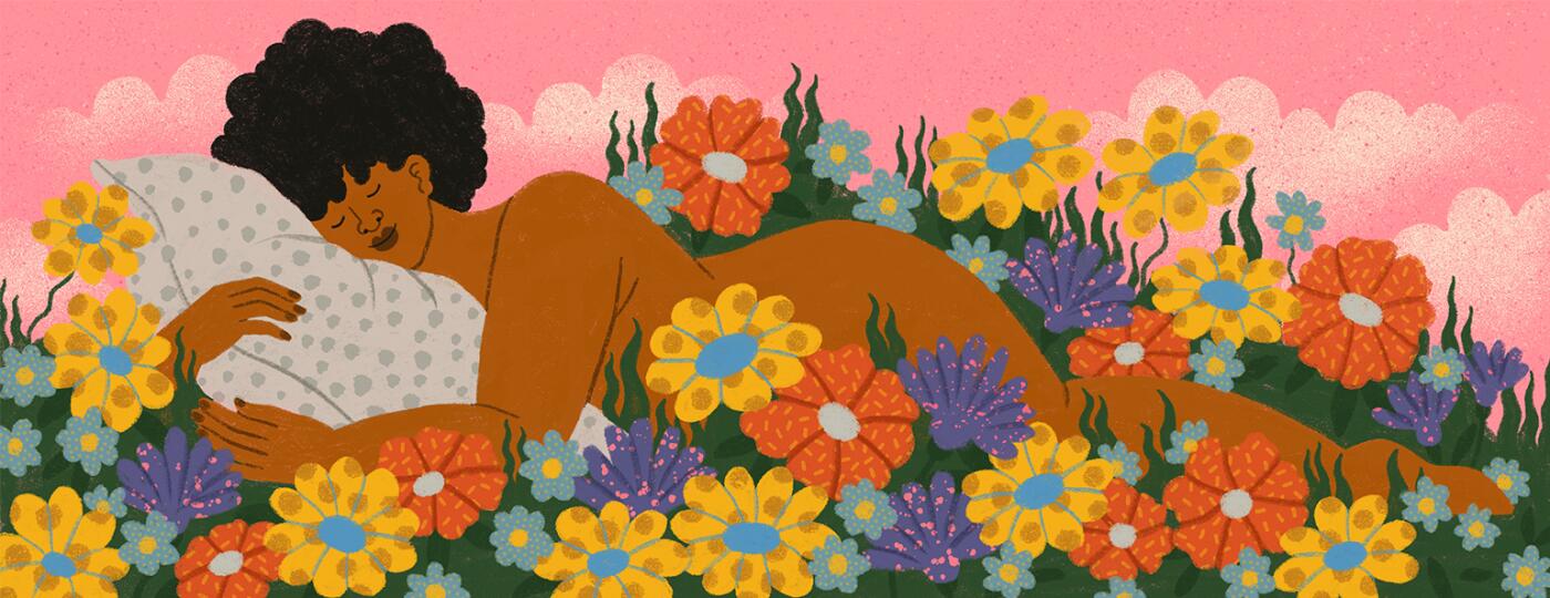 Illustration of black lady laying on a bed of flowers enjoying time by herself.