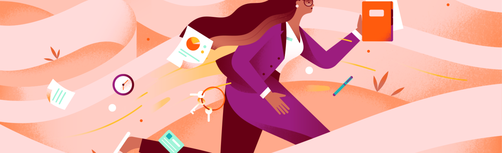 Graphic of woman running to work letting all of her belongings fly all over the place.