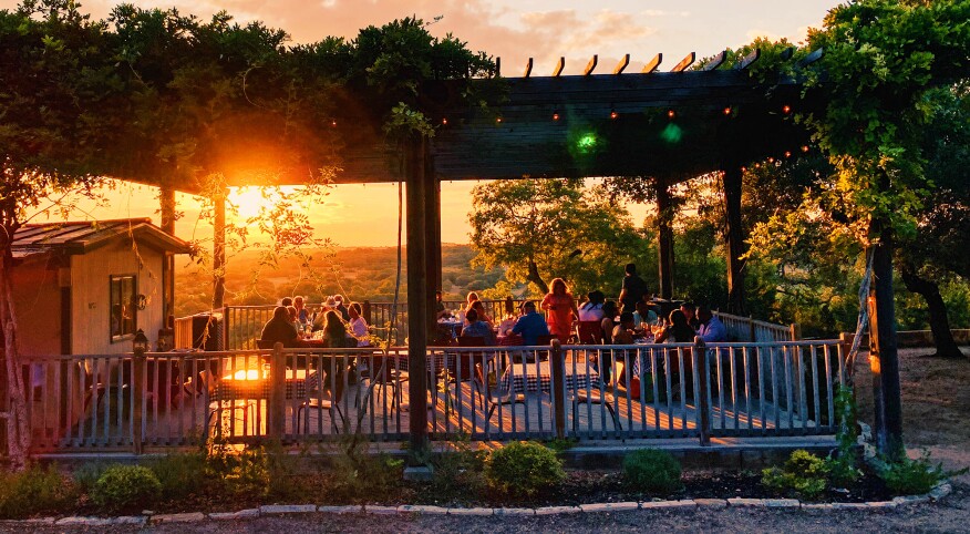 The Driftwood Bistro in Driftwood, Texas at sunset