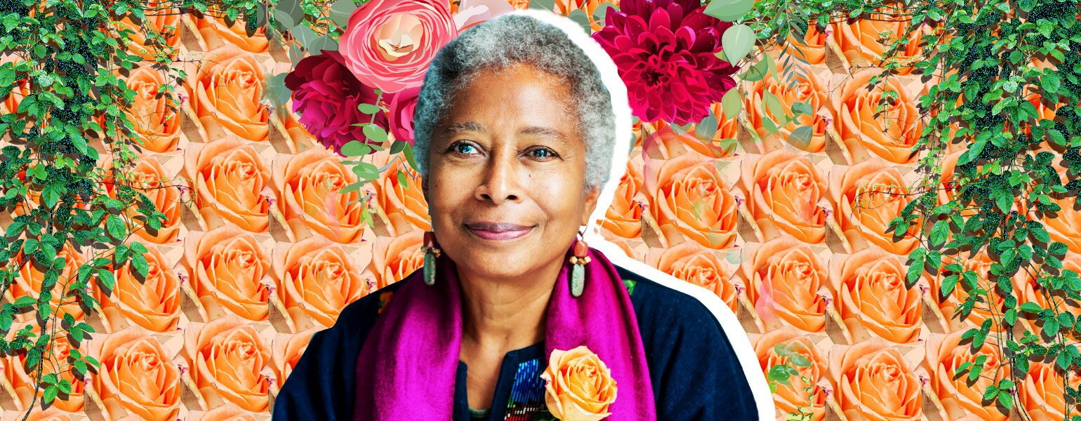 photo collage of alice walker and floral assets
