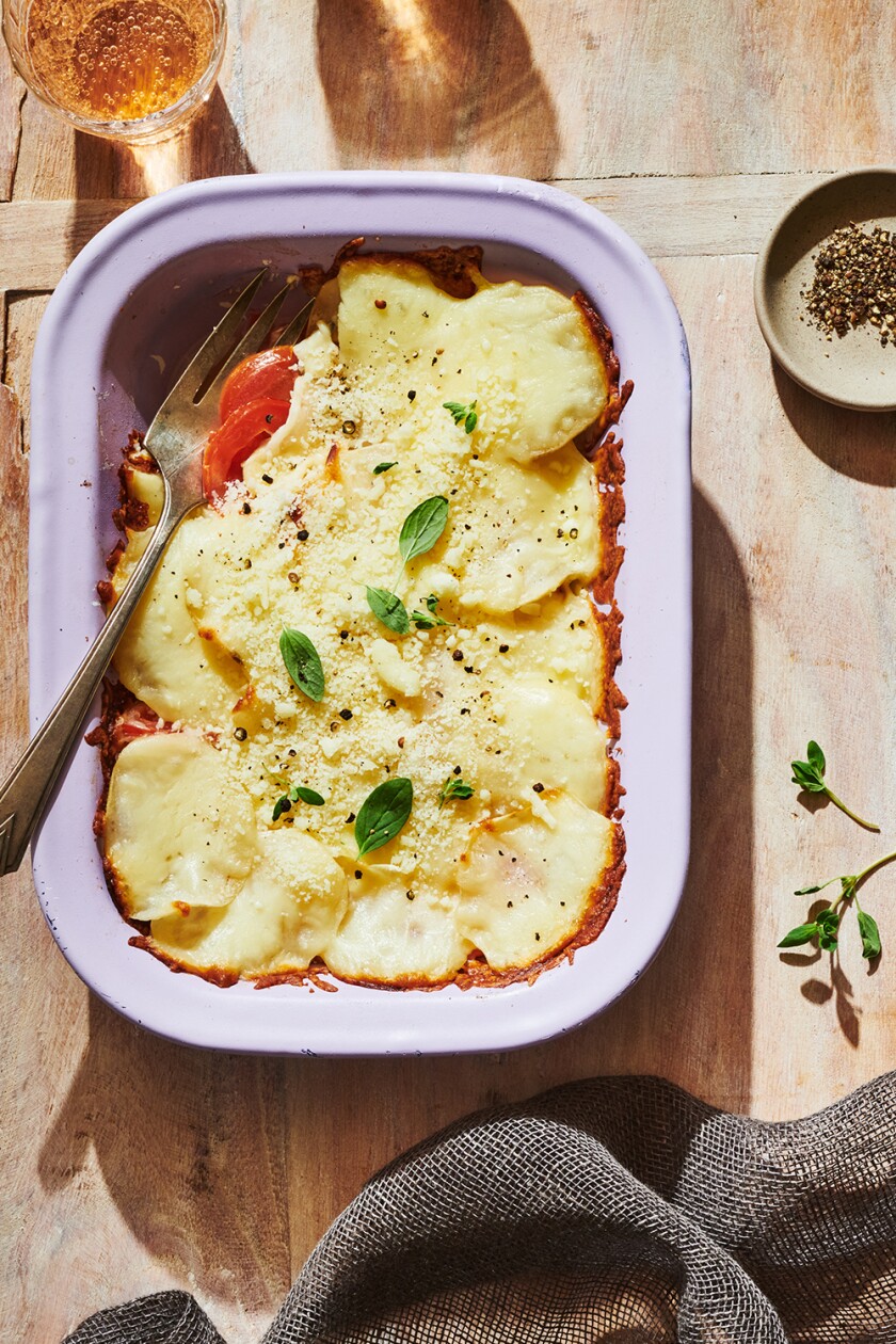 Casserole dish styled on a light colored surface