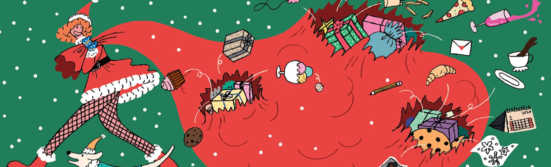 illustration of lady pulling a bag full of different holiday gifts