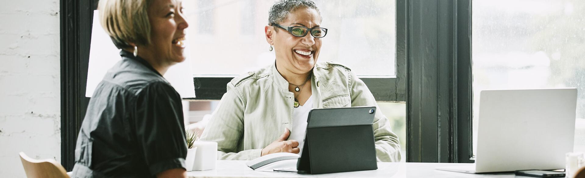 Laughing mature female business partners in meeting in office
